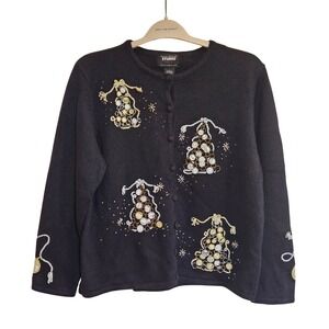 Designers Originals Studio Joy‎ Black Beaded Christmas Tree Cardigan Sweater L
